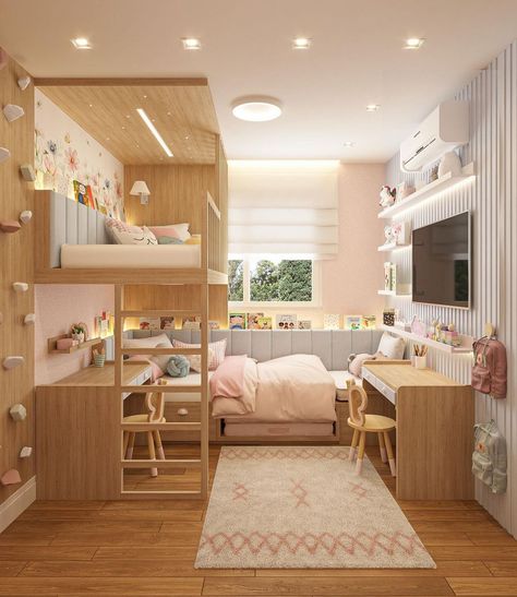 Room Ideas For Three Sisters, Two Girl Room Ideas, Room Ideas For Two Beds, Girls Bedroom 2 Beds, Double Girls Bedroom Ideas, 2 Girl Bedroom Ideas, Kids Room Two Beds, Bunk Bed Girls Room Ideas, Mom And Daughter Room Sharing Ideas