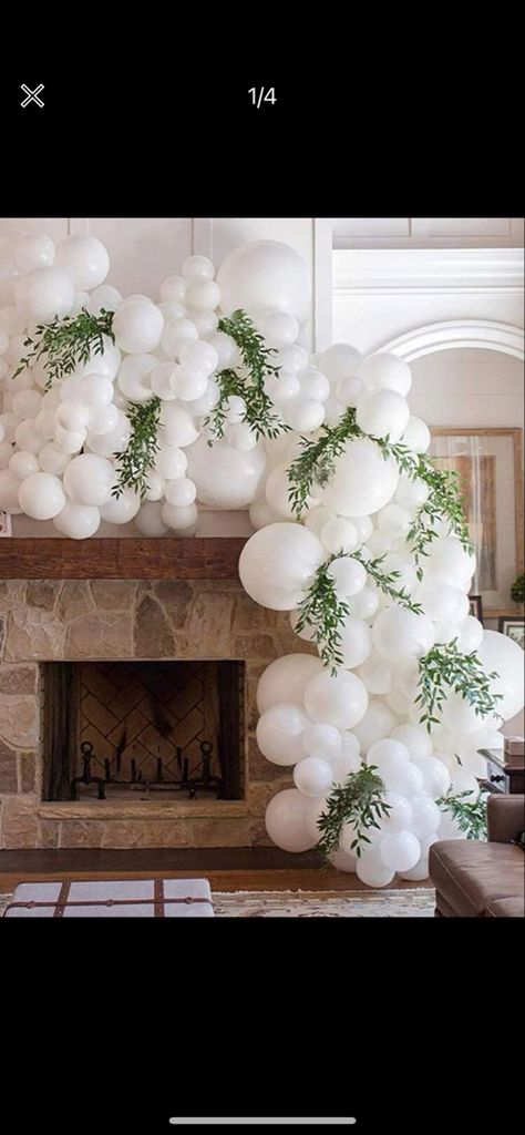 Balloon Arch With White Backdrop, Greenery Balloon Garland, Bride Balloon Arch, White Flower Wall With Balloons, Wedding Balloon Arrangements, Ballon Arch Wedding Reception, White Balloon Arch With Greenery, Balloon Garland Flowers, Greenery Balloon Arch