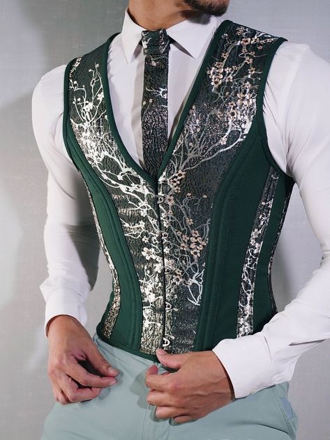 Listen, Derek's and Stiles' where a bitch to find, but this is the right green. and fit. Corset Vest, Corset Outfit, Dress Suits For Men, Fashion Suits For Men, Mens Fashion Classy, Prom Outfits, Fantasy Clothing, Fantasy Fashion, Suit Fashion