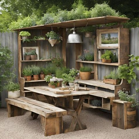 Bring a touch of the past to your garden with these 21 DIY vintage décor projects. Perfect for a stylish outdoor upgrade. #TimelessDecor #VintageGarden #DIYCrafting #OutdoorInspiration #GardenUpgrades Outdoor Rustic Furniture Diy Projects, Diy Garden Pots Ideas Planters, Repurposed Outdoor Furniture, Junk Garden Ideas Repurposed, Outdoor Potting Bench Ideas, Garden Station, Potting Benches, Backyard Garden Diy, Rustic Furniture Diy