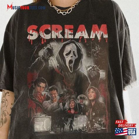 Vintage Scream Movie Shirt Ghostface Halloween Sweatshirt 90S Bootleg Hoodie Check more at https://musictourtees.com/product/vintage-scream-movie-shirt-ghostface-halloween-sweatshirt-90s-bootleg-hoodie/ 80s Horror Movie Outfits, Ghostface Clothes, Scream Merch, Ghostface Shirt, Scream Shirt, Boo Basket, Scream Movie, Fit Ideas, Halloween Sweatshirt