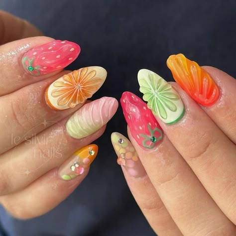 Kawaii Inspired Nails, Jelly Fruit Nails, Green And Pink Gel Nails, Guava Nails, 3d Fruit Nails, Short Fruit Nails, Tropical Nails Design, Mexico Inspired Nails, Unique Nail Designs Summer