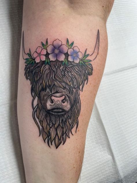 Step into the farmyard of fashion with cow tattoo designs! We've rounded up over 70 cow tattoo ideas that are just udderly irresistible. Scottish Highland Cow Tattoo, Hyland Cow Tattoo, Highlander Tattoo, Highland Cow Tattoo With Flowers, Cow Tattoos For Women, Cow Tattoo With Flowers, Cow Tattoo Ideas, Cow Tattoos, Highland Cow Tattoo