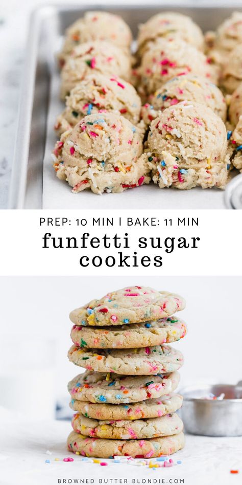 Easy Funfetti Sugar Cookies | Browned Butter Blondie | These easy from scratch funfetti sugar cookies bake up perfectly every time with crispy, crinkled edges and soft, chewy centers. Loaded with festive rainbow sprinkles mixed in the dough, this sugar cookie recipe is the perfect treat for the kid in all of us! #sugarcookie #sprinkles Funfetti Sugar Cookies, Sugar Cookie Recipe, Browned Butter, Rainbow Sprinkles, Baking Sweets, Easy Cookie Recipes, Sugar Cookies Recipe, Food Cakes, The Kid