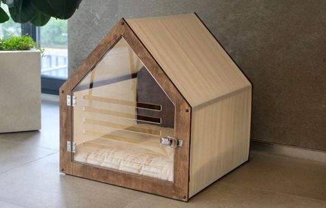 Indoor Dog House, Acrylic Door, Cool Dog Houses, Wooden Dog, Dog Cages, Indoor Dog, Wood Dog, Pet Crate, Cognac Color