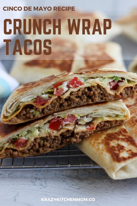 Bring fast food home by making a homemade Crunchy Taco Wrap. An easy to eat crispy taco wrapped in a soft shell and browned in a stove-top skillet. Seasoned Sour Cream, Soft Taco Shells, Taco Wraps, Crunch Wrap, Crispy Tacos, Soft Tacos, Pot Luck, Taco Stuffed Shells, Food Home