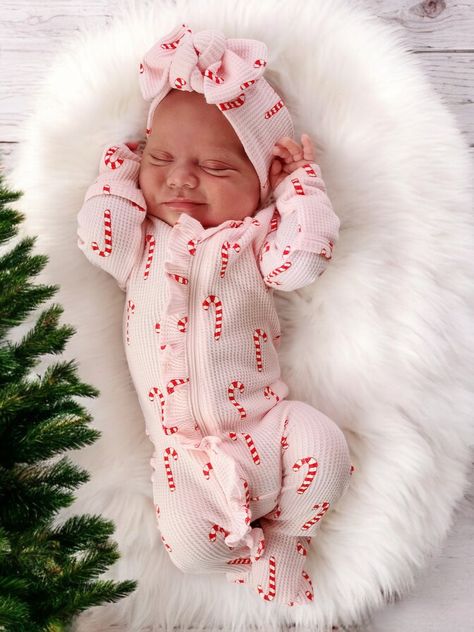 Baby Holiday Outfits, Going Home Outfit For Baby, Newborn Christmas Onesie, Baby Girl First Christmas, Newborn Christmas Outfit, Pink Candy Cane, Winter Newborn, Baby First Christmas