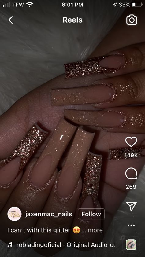 Neutral Sparkly Nails, Sparkly Brown Nails, Pink Champagne Nails, Sparkly Nails Acrylic, Ambre Nails, Sparkly Acrylic Nails, Champagne Nails, Quince Nails, Bday Nails