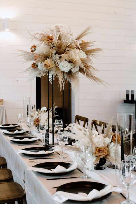 Rustic And Black Wedding, Black And White Boho Wedding Theme, Black And Neutrals Wedding, 1800s Themed Wedding, Rustic Modern Wedding Ideas, Black And Amber Wedding, Boho Table Setting Wedding, Black And White Boho Wedding, Black And Beige Wedding