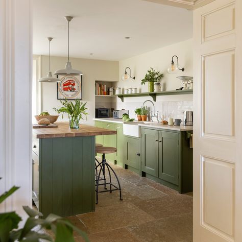 This country house is as beautiful as its stunning surroundings | Ideal Home Green Kitchen Diner, Green Cabinet Kitchen, Tops Tiles, Green Cabinet, Kitchen Open Shelves, Restful Bedrooms, Neutral Dining Room, 2024 Kitchen, Welcoming Home