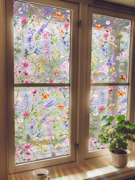 1pc 40*40cm Colorful Flower Static Window Sticker, Fresh StyleI discovered amazing products on SHEIN.com, come check them out! Wildflower Bathroom, Plants Home Decor, Flower Window, Plants Home, Window Films, Pattern Glass, Space Decor, Through The Window, Window Film