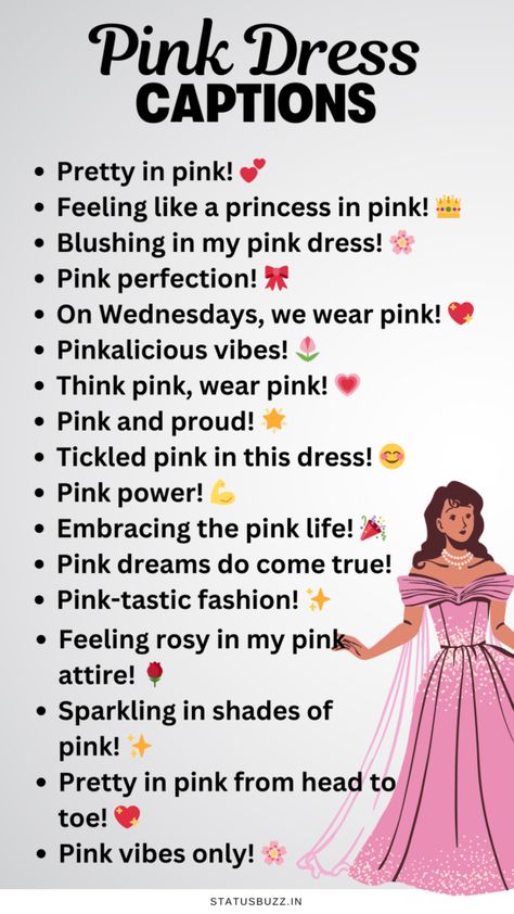 80+ Best Pink Dress Captions | Pink Dress Quotes | Updated 2023 Pink Dress Quotes, Pink Dress Caption, Pink Aesthetic Captions, Caption For Pink Outfit Instagram, Captions For Pink Outfit, Dress Quotes Instagram, Pink Dress Captions For Instagram, Pink Outfit Captions For Instagram, Dress Up Captions