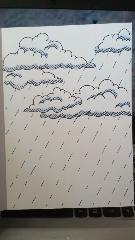 Easy Backgrounds To Draw Simple, Cloud Raining Drawing, Rainy Sky Drawing, Rain Drawing Sketches Easy, Rain Drawing Ideas, Rainy Weather Drawing, Rainy Day Doodles, Rain Clouds Drawing, Raining Day Drawing