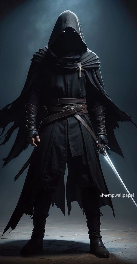 Dark Wizard Outfit Male, Dark Hooded Character, Fantasy Assassin Outfit Male, Cloaked Man Art, Demonic Outfits, Assassin Outfit Male, Wizard Costume Male, Assassin Outfit Design Male, Dark Sorcerer Male