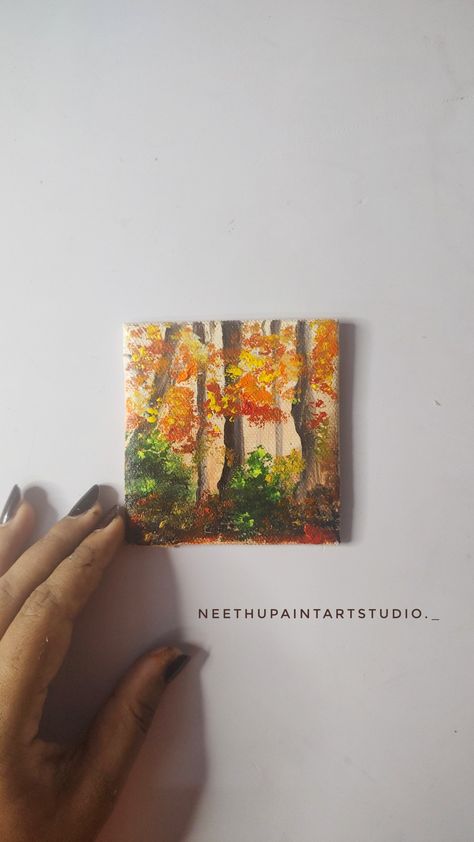 Autumn forest landscape Mini Fall Canvas Paintings, Simple Fall Landscape Painting, Small Fall Paintings On Canvas, Autumn Mini Canvas Painting, Mini Canvas Collage, Mini Canvas Art Fall, Mini Forest Painting, Mini Fall Paintings, Autumn Canvas Painting Ideas