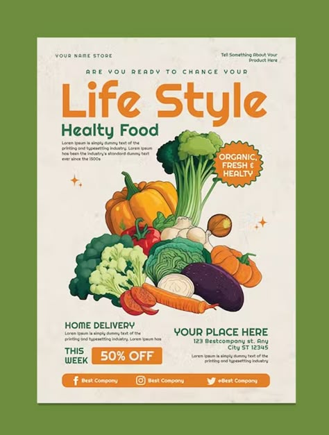 Healthy Food Flyer Template PSD Nutrition Design Graphics, Healthy Poster Design, Healthy Food Poster Design, Healthy Living Poster, Healthy Food Ads, Poster Healthy Lifestyle, Food Magazine Design, Healthy Food Illustration, Healthy Food Poster