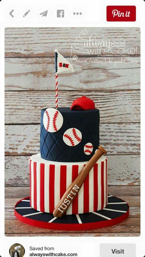 Baseball themed. Two tier cake Baseball Birthday Cakes, Baseball Theme Birthday, Baseball Cake, Baseball Theme Party, Sport Cakes, Cupcakes Decorados, Baseball Birthday Party, Baseball Birthday, Boy Birthday Cake