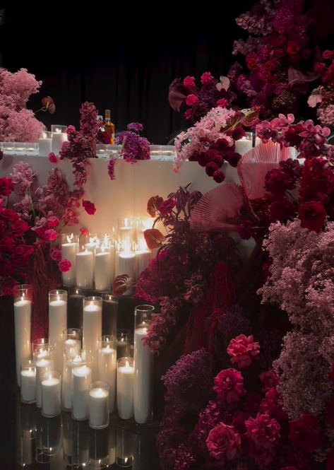 Pink Floral Installation, Ball Decorations Elegant, Burgundy And Pink Wedding Theme, Burgundy And Pink Decor, Modern Romantic Wedding Decor, Pink Aesthetic Wedding, Burgundy Party Decorations, Dark Romantic Wedding Decor, Dark Wedding Theme