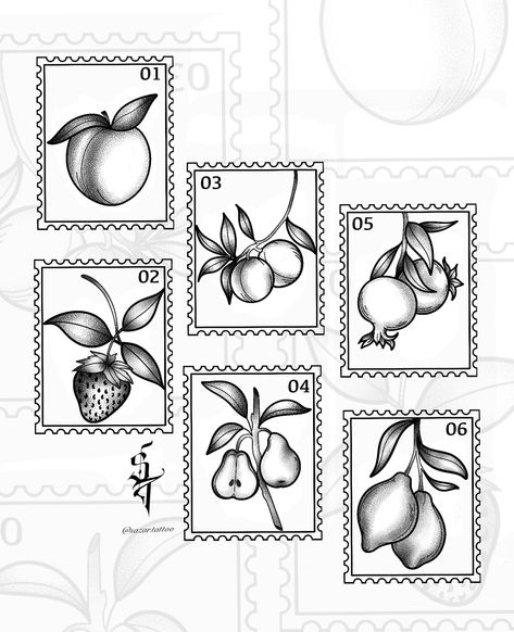 Fruit Stamps Available 💌 1🍑Peach 2🍓Strawberries 3 • Plums 4🍐 Pears 5• Pomegranate 6🍋Lemons Perfect for arms or legs 😊 Dm me or the studio to book • • • • • • • #stamptattoo #tattoo #fruitstamp #manchestertattoo #boltontattoo #blackandgreytattoo #tattoodesign Pomegranate Stamp Tattoo, Star Fruit Tattoo, Plum Tattoo Fruit, Fruit Stamp Tattoo, Strawberry Stamp Tattoo, Plum Tattoo, Pear Tattoo, Fruit Stamp, Pomegranate Tattoo