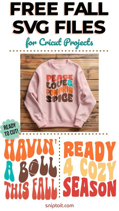 mockup photo of Peace, Love, & Pumpkin Spice design on a pink sweatshirt, above 2 other fall-themed SVG designs Decorating Shirts, Autumn Projects, Vinyl Printer, Retro Color Palette, Free Svgs, Fall Svg, Fall Crafts Diy, Cozy Season, Blank T Shirts