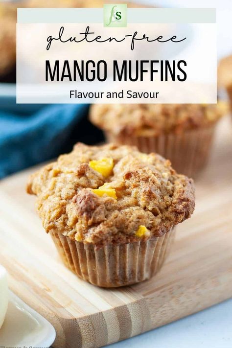 two Mango Muffins on a serving board. Pineapple Coconut Muffins, Apricot Muffins, Mango Muffins, Gluten Free Quick Bread, Dairy Free Muffins, Pecan Crumble, Fluffy Muffins, Muffin Flavors, Coconut Muffins