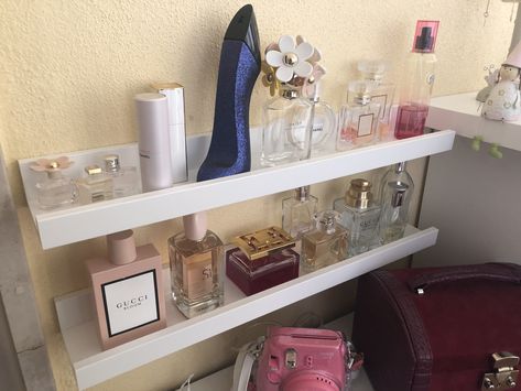 Ikea hack, perfume display Ikea Ledge Shelf, Ikea Ledge Shelf Ideas, Ikea Picture Ledge, Ikea Pictures, Ledge Shelf, Perfume Display, Picture Ledge, Shelf Ideas, Ikea Hack