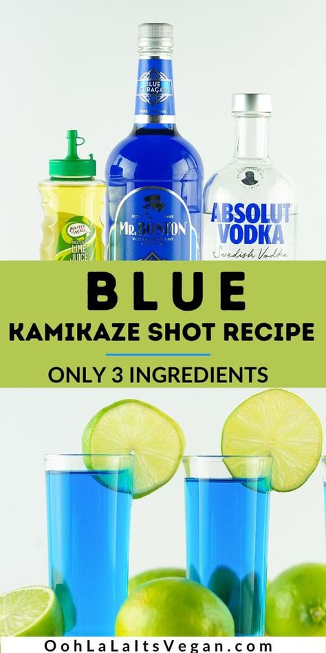 This blue kamikaze shot recipe is made with only 3 ingredients. It's a blue kamikaze that can be made as a kamikaze cocktail if you prefer that over shots. This drink is the rage of the internet this year, as all drinks made with blue curacao seem to be. Grab your favorite vodka, blue curacao and some fresh limes for a refreshing summer shot recipe you can enjoy any time of year. Blue Alcoholic Shots, Kamikaze Shot Recipe, Blue Scooby Snack Shot Recipes, Blue Kamikaze Shot Recipe, Blue Kamikaze Cocktail, Kamikaze Shot, Vodka And Blue Curacao Drinks, Blue Kamikaze, Kamikaze Cocktail