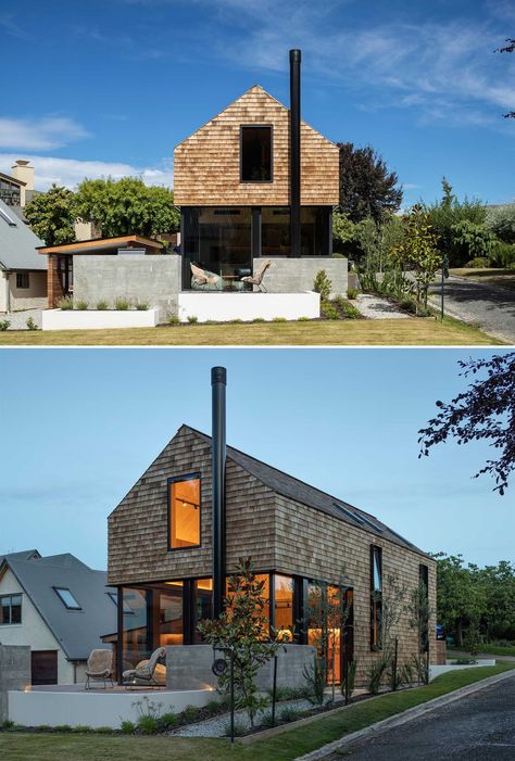 Home With Black Accents, Cedar Shingle Siding, Cedar Shake Siding, New Zealand Architecture, Shingle House, Wanaka New Zealand, Cedar Shake, Gable House, Black Houses