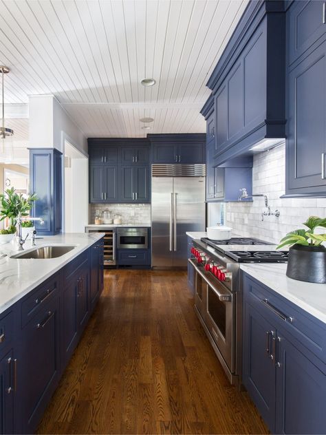 Indigo Kitchen - Transitional - Kitchen - St Louis - by Karr Bick Kitchen and Bath | Houzz Navy Kitchen Dark Wood Floor, Blue Kitchen Cabinets Dark Wood Floors, Dark Blue And Walnut Kitchen, Blue Kitchen Dark Wood Floor, Fabuwood Galaxy Indigo, Navy Kitchen Wooden Floor, Dark Cabinets White Countertops, Indigo Kitchen, Dark Brown Cabinets Kitchen