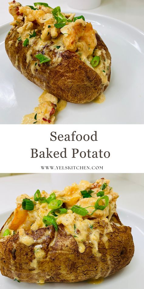 Seafood baked potato Crab Mashed Potatoes, Seafood Baked Potato Recipes, Shrimp Stuffed Baked Potatoes, Lobster Baked Potato, Baked Potato With Shrimp, Crab Cream Sauce, Shrimp Baked Potato Recipe, Seafood Baked Potato, Shrimp Cream Sauce