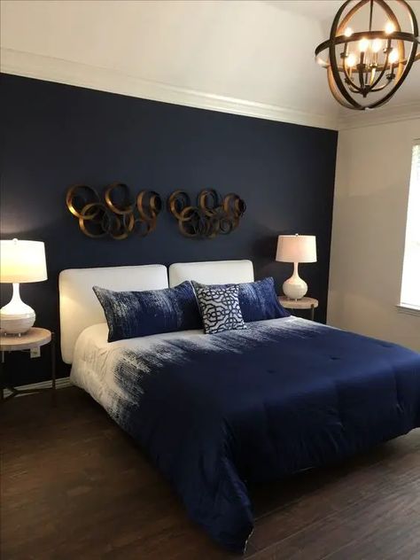 White Bedrooms Ideas, Bedroom Back Wall, Blue And White Bedrooms, Green Bedroom Colors, Royal Blue Bedrooms, Blue Bedroom Paint, Blue Green Bedrooms, Wall Paint Ideas, Blue Bedroom Furniture