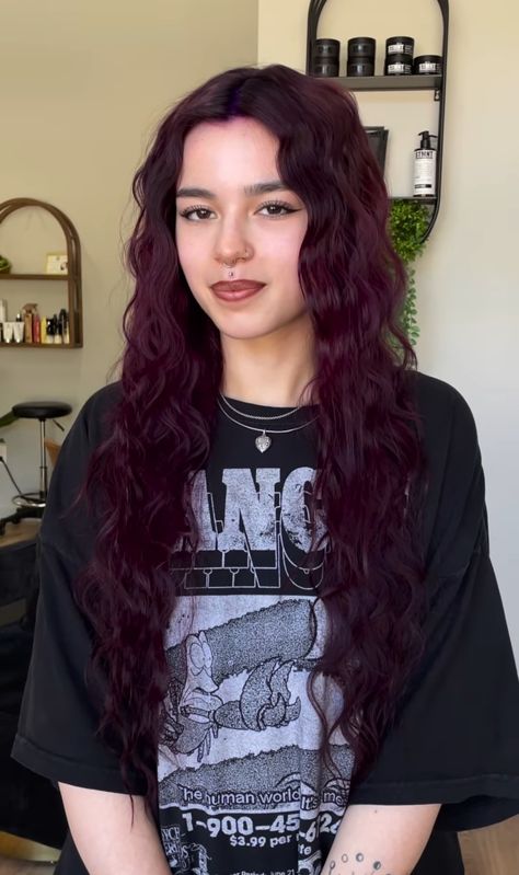 Grunge Hair Inspo Color, Burgundy Hair With Brown, Black Magenta Hair, Magenta Black Hair, Dark Purple And Red Hair, Purple Reddish Hair, Brown Plum Hair, Maroon Purple Hair, Colored Curly Hair Ideas