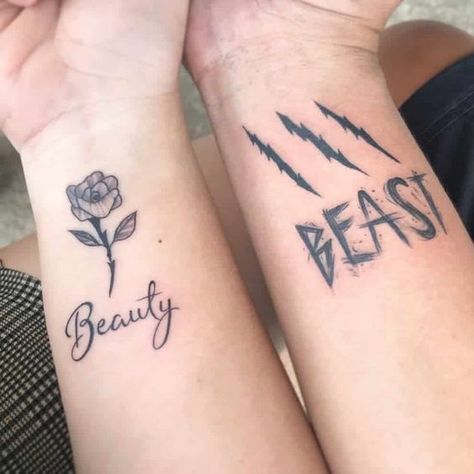 Cool Friend Tattoo Ideas, His And Hers Best Friend Tattoos, Tattoos To Match With Your Best Friend, Matching Tattoos With Your Best Friend, Matching Tattoos For Opposite Gender Best Friends, Detailed Matching Tattoos, Guy Girl Matching Tattoos, Throuple Matching Tattoos, Cartoon Best Friend Tattoos