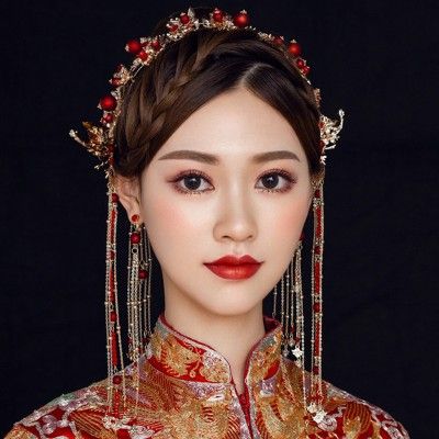 Tea Ceremony Hair, Chinese Wedding Hair, Red Chinese Wedding Dress, Floral Hairpiece, Traditional Chinese Wedding, Wedding Hairpiece, Wedding Headdress, Bridal Headdress, Elegant Wedding Hair