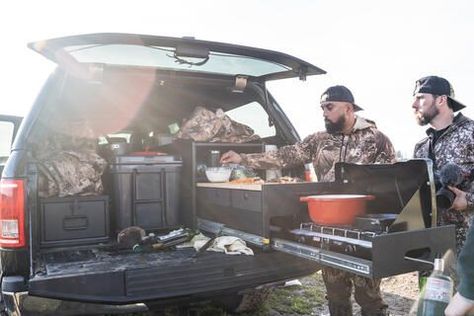 Truck Camping Setup, Camping Gear Storage, Camping Setup, Truck Living, Truck Bed Camping, Spice Drawer, Truck Camping, Cubby Storage, Camp Kitchen