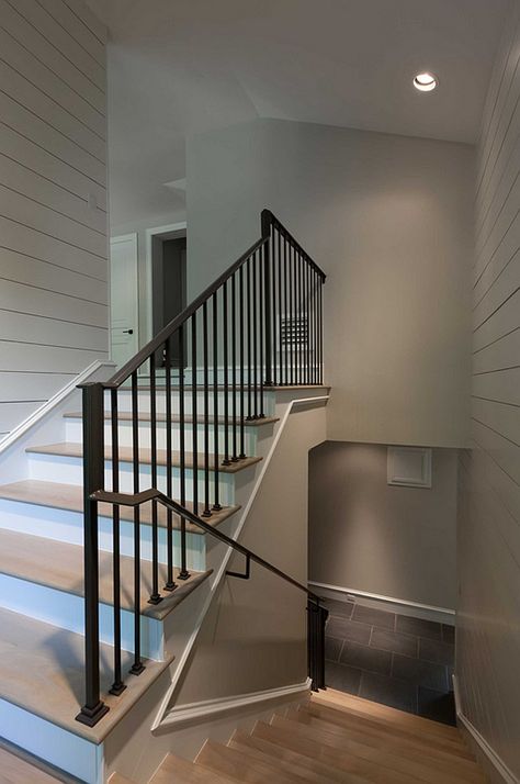 Interior Design Ideas - Home Bunch Interior Design Ideas Staircase Shiplap, Handrail Staircase, Foyer Paint Colors, Iron Stair Balusters, Oak Hardwood Floors, Stair Balusters, Shiplap Walls, Wrought Iron Stairs, Entry Stairs