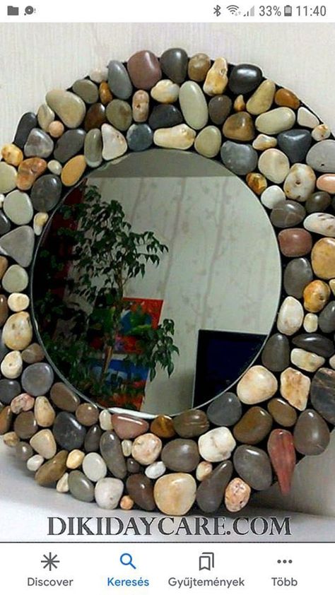 Diy Mirror Decor, Mirror Frame Diy, Mirror Crafts, Diy Wall Art Decor, Rock Decor, Diy Crafts Room Decor, Stone Crafts, Diy Mirror, Seashell Crafts