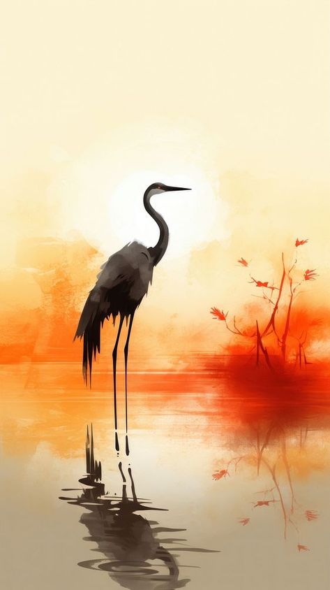 Crane in lake animal sunset bird. | premium image by rawpixel.com / Chaiwoot Pooh Crane Bird Illustration, Crane Aesthetic, Crane Artwork, Japanese Mural, Vastu Painting, Crane Illustration, Lake Animals, Ideas Cuadros, Wild Animals Painting