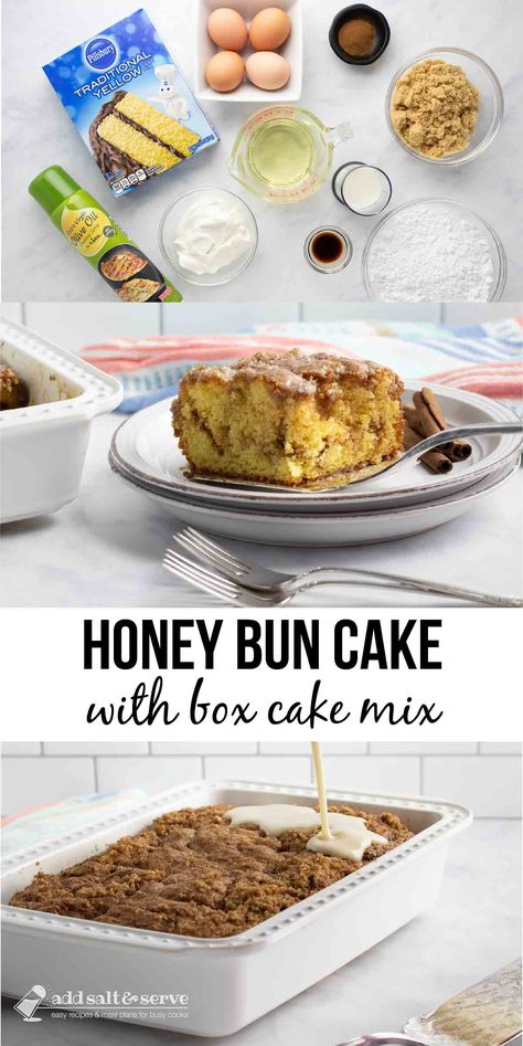 Our deliciously gooey honey bun cake with box cake mix is swirled with cinnamon and brown sugar and topped with a sweet vanilla glaze. Easy to make! Easy Moist Honeybun Cake, Cake With Box Cake, Cinnamon Bun Cake Recipe, Butter Golden Box Cake Mix Recipes, Cinnamon Roll Cake With Box Cake, Honey Bun Cake With Box Cake, Coffee Cake With Cake Mix Boxes, Vanilla Box Cake Mix Recipes, Honey Bun Bundt Cake