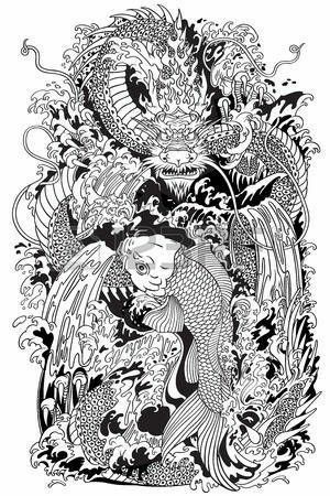 Dragons Statues, Japanese Water Dragon, Waterfall Tattoo, Koi Dragon Tattoo, Tattoo Wall Art, Koi Dragon, Black And White Tattoo, Japanese Myth, Koi Carp Fish