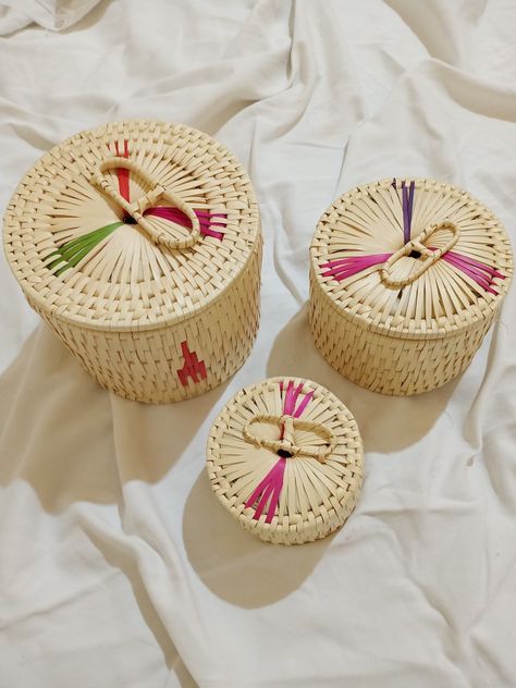 Palm leaf basket by Masho, Ganapathy, Coimbatore Palm Leaf Basket, Leaf Basket, Museum Ideas, Palm Leaf Baskets, Coimbatore, Palm Leaf, Palm Leaves, Gift Baskets, African Fashion