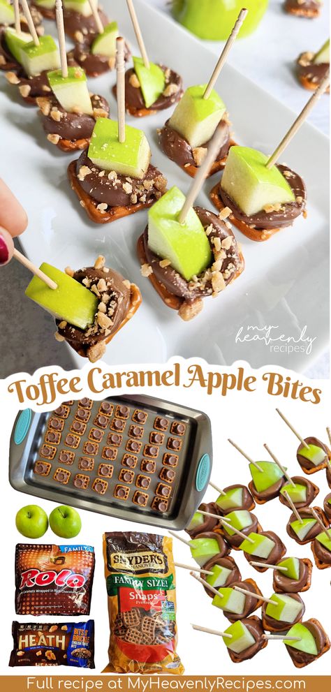 Toffee Caramel Apple Pretzel Bites- easy fall treat dessert to make for parties or kids. Yummy caramel salty sweet treat with green apples. Easy pretzel treat. fall thanksgiving potluck dessert finger food. Fall Dessert Finger Food, Apple Rolo Pretzel, Caramel Apple Toffee Cake, Dessert For Work Party, Apple Caramel Pretzel Bites, Thanksgiving Float Ideas, Pretzel Apple Caramel, Rolo Pretzel Apple Bites, Healthy Thanksgiving Treats For Kids