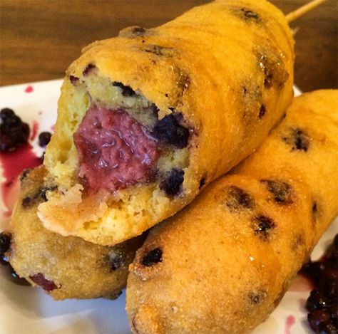 Blueberry Sausage Corndogs! Pancake Batter Recipe, Corn Dog Recipe, Sausage On A Stick, Pancake Sausage, Corndog Recipe, Blueberry Pancake, Waffle Maker Recipes, Breakfast Prep, Batter Recipe