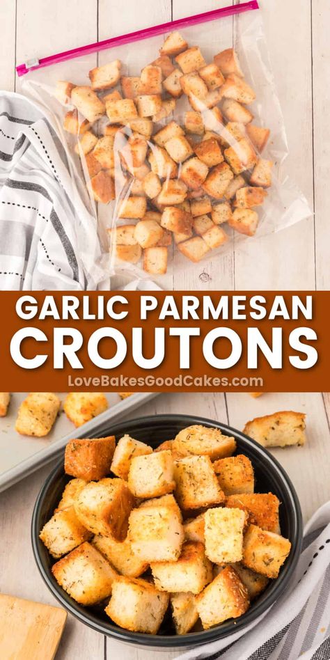 It's so easy to make your own Garlic Parmesan Croutons - and they taste better than the store-bought kind, too! Crunchy and flavorful. Healthier Appetizers, Fingerfood Recipes, Parmesan Croutons, How To Make Croutons, Baking Techniques, Delicious Appetizers, Sides Recipes, Salad Dressing Recipes Homemade, Croutons Homemade