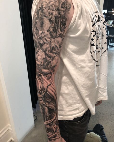 Demon Horror, Angel Sleeve Tattoo, Tiger Tattoo Sleeve, Tattoo Angel, Inner Bicep Tattoo, Egyptian Tattoo Sleeve, Simple Tattoos For Guys, Angel Demon, Men Tattoos Arm Sleeve