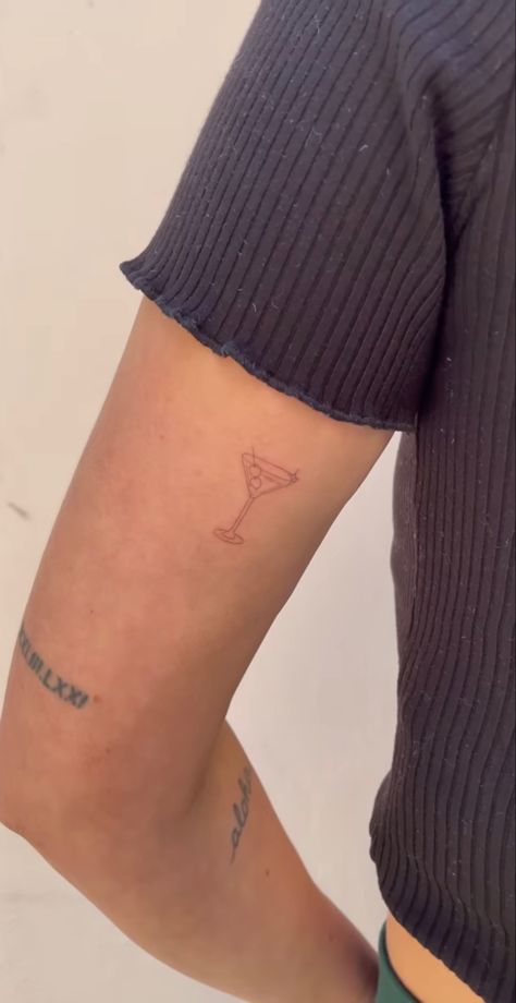 Dainty Cocktail Tattoo, Martini Glass With Olive Tattoo, Tiny Martini Tattoo, Tiny Martini Glass Tattoo, Fine Line Martini Glass Tattoo, Apple Slice Tattoo, Martini Olive Tattoo, Dirty Martini Tattoo, Small Horizontal Tattoo