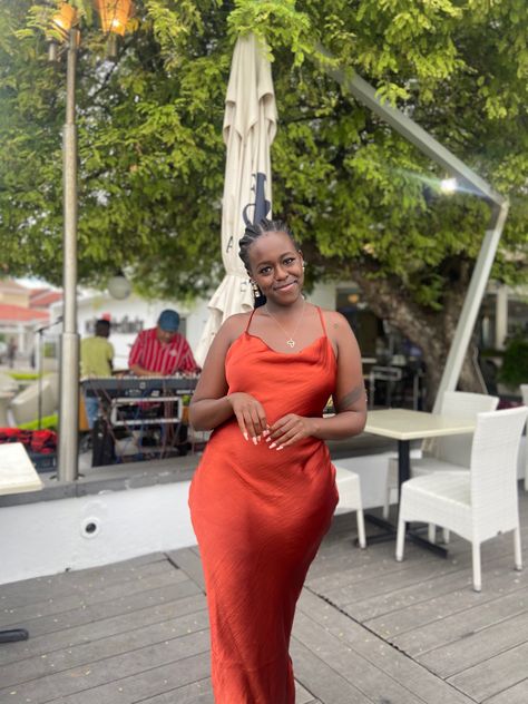 Burnt orange slip dress Burnt Orange Dress Dinner, Burnt Orange Slip Dress, Orange Satin Dress Outfit, Burnt Orange Dress Casual, Burnt Orange Outfits, Orange Slip Dress, Orange Dress Outfits, Orange Satin Dress, Satin Dress Outfit