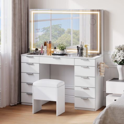 PRICES MAY VARY. Makeup Vanity Set with XL Illuminated Mirror: Sized at 46'' x 24.4'', this mirror offers a wide viewing angle for a comprehensive beauty perspective; The LED strip features 3 color modes for personalized lighting; adjust with a touch Cosmetics Storage Solution: With 11 drawers, this vanity provides ample space for makeup, fragrances, hair tools, and essentials; Stay organized and access your items easily Versatile Makeup Desk: Equipped with 2 plug sockets, 2 USB ports, and a hai Ikea Makeup Table Bedroom, Bathroom Makeup Vanity Pink Room, Makeup Desk For Kids, Desk Ikea Vanity, Makeup Desk Bedroom Vanities, Way Fair Furniture Vanity Corner, Vanity Makeup Tables, White Desks For Bedroom, White Vanity With Brushed Nickel Mirror