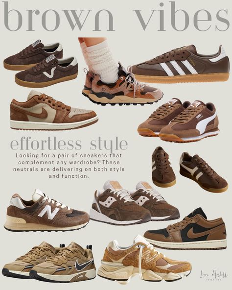 Favorite brown sneakers for fall. Brown Tennis Shoes Women, Brown New Balance Shoes Outfit, New Balance Brown Shoes, Brown New Balance Outfit, Tan Sneaker Outfits Women, Fall Shoes Aesthetic, Brown Sneakers Outfit Women's, Brown New Balance Shoes, Brown Sneakers Outfit