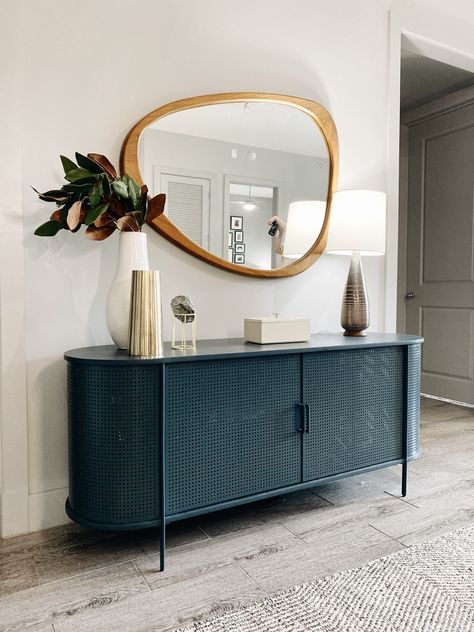 Console Color Ideas, Eclectic Entryway Decor, Entryway Ideas Contemporary, Midcentury Entry Way, Eclectic Living Room Media Console, Mid Century Modern Foyer Entryway, Neutral Home With Pops Of Color, Mcm Entryway Ideas, Midcentury Modern Entry Way